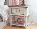 White distressed night stand with wood top and drawer with black double hooks