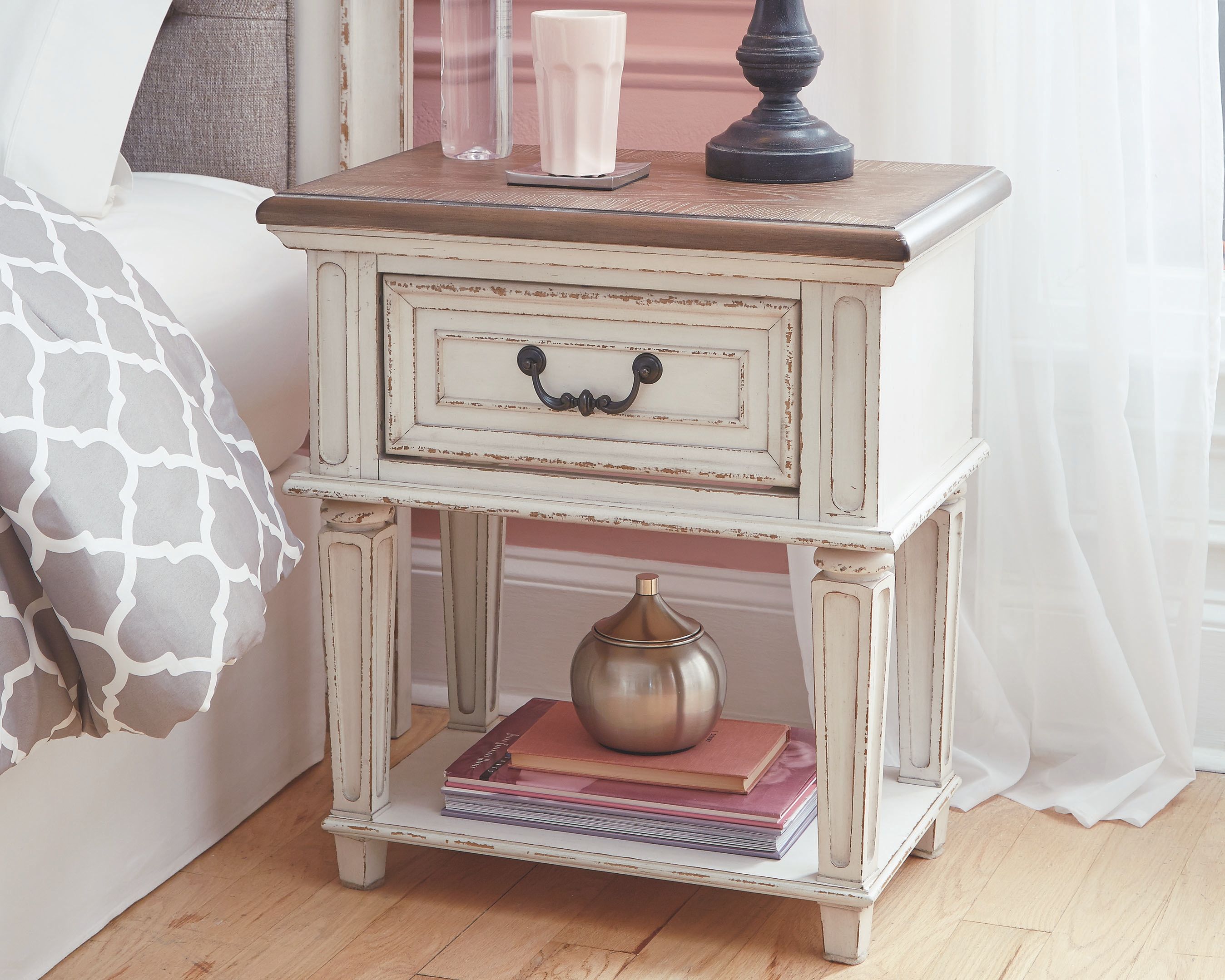 White distressed night stand with wood top and drawer with black double hooks