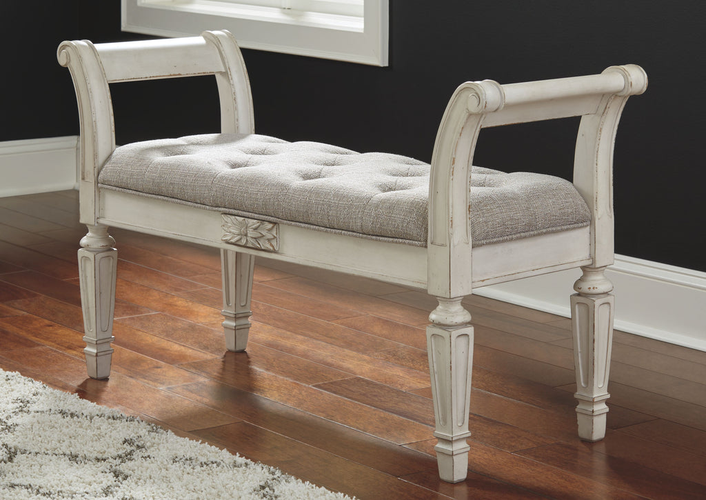 Accent bench with antique white frame and gray tufted upholstered seat