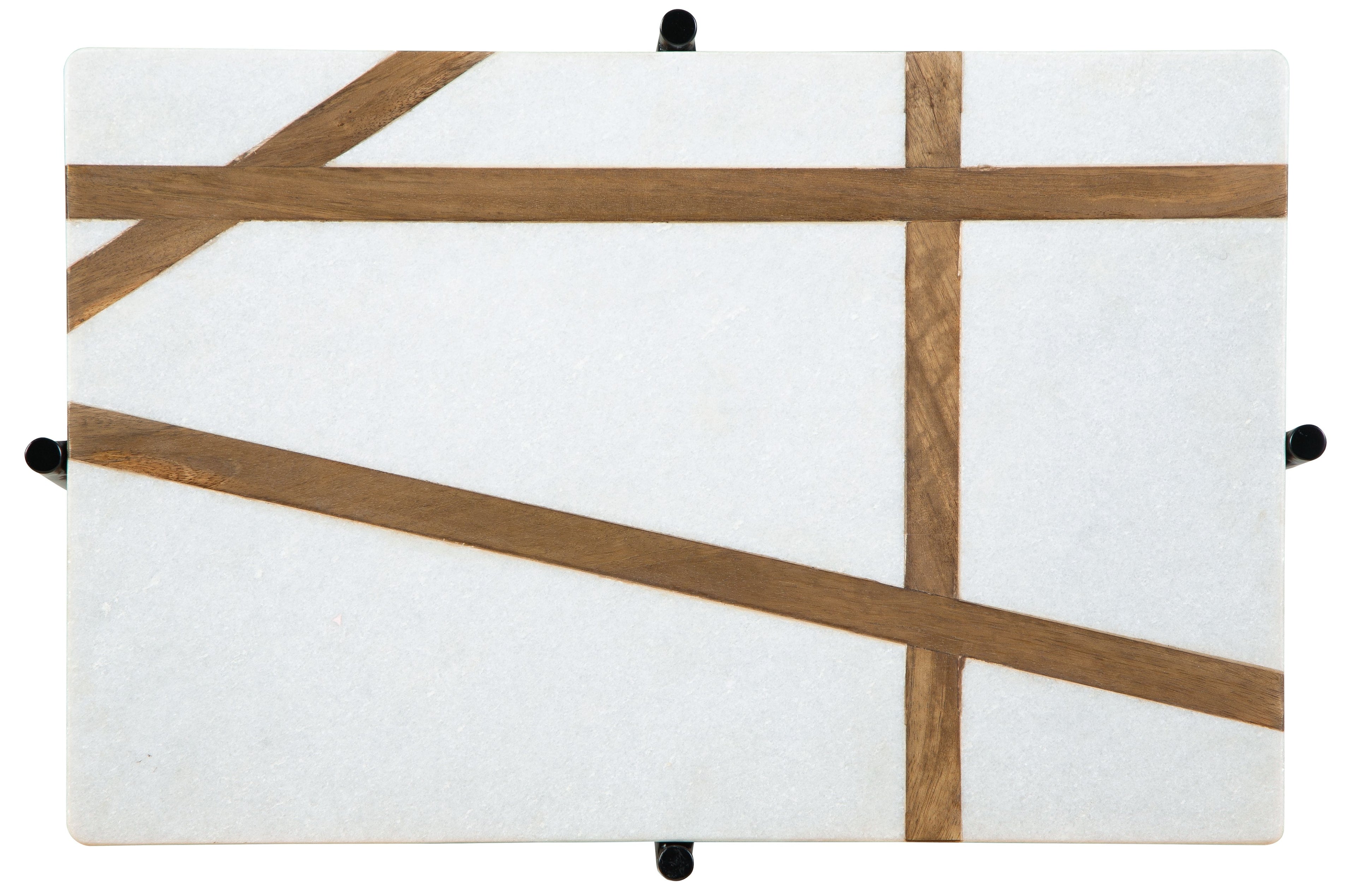 Accent table tabletop detail: white surface with light brown cross-pattern inlays