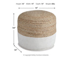 Round pouf with woven tan top and light gray base, cylindrical stitched design.