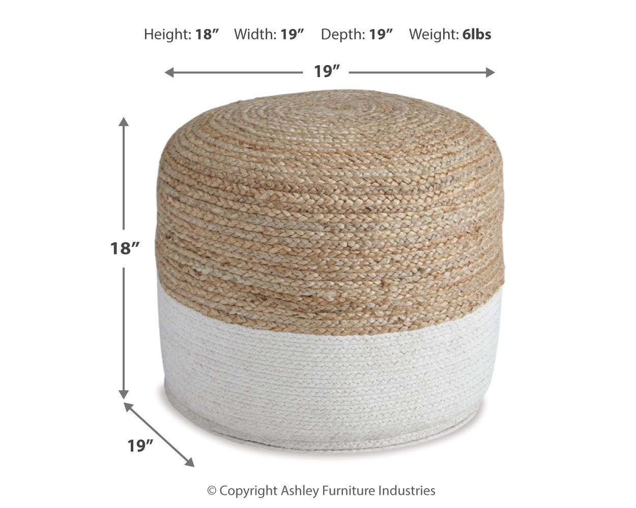 Round pouf with woven tan top and light gray base, cylindrical stitched design.