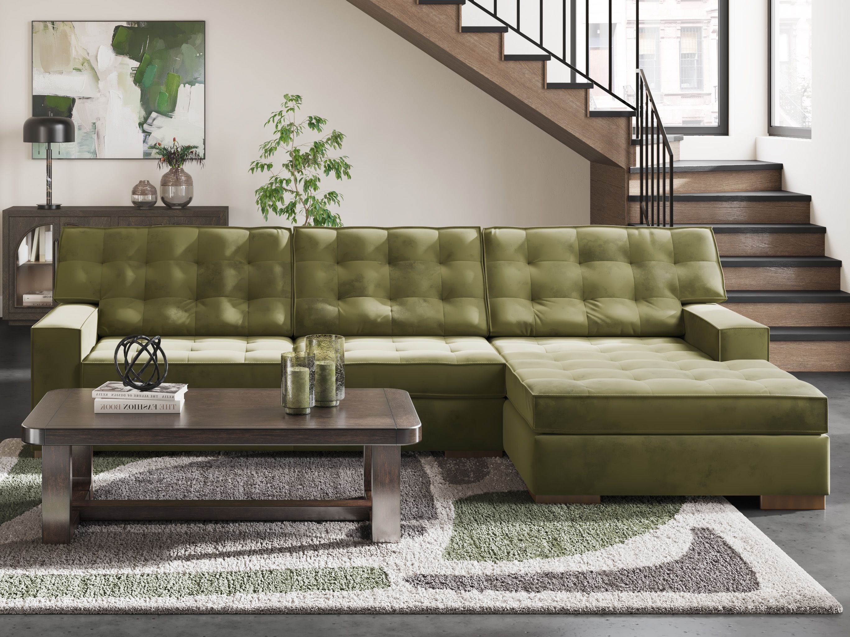 Olive green sectional sofa with chaise, tufted cushions and deep ottoman seat