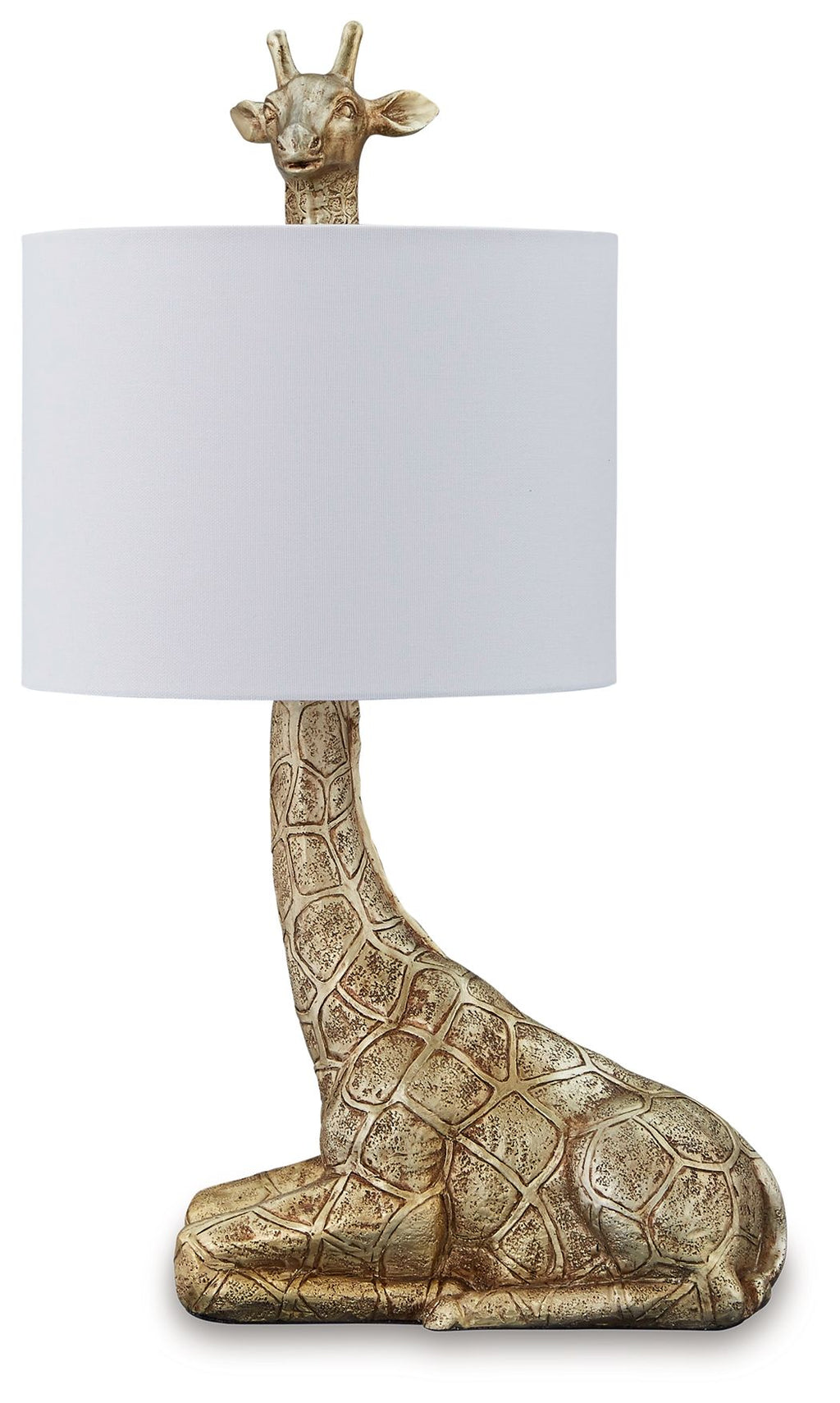 Gold table lamp with sculpted giraffe base and white fabric drum shade.