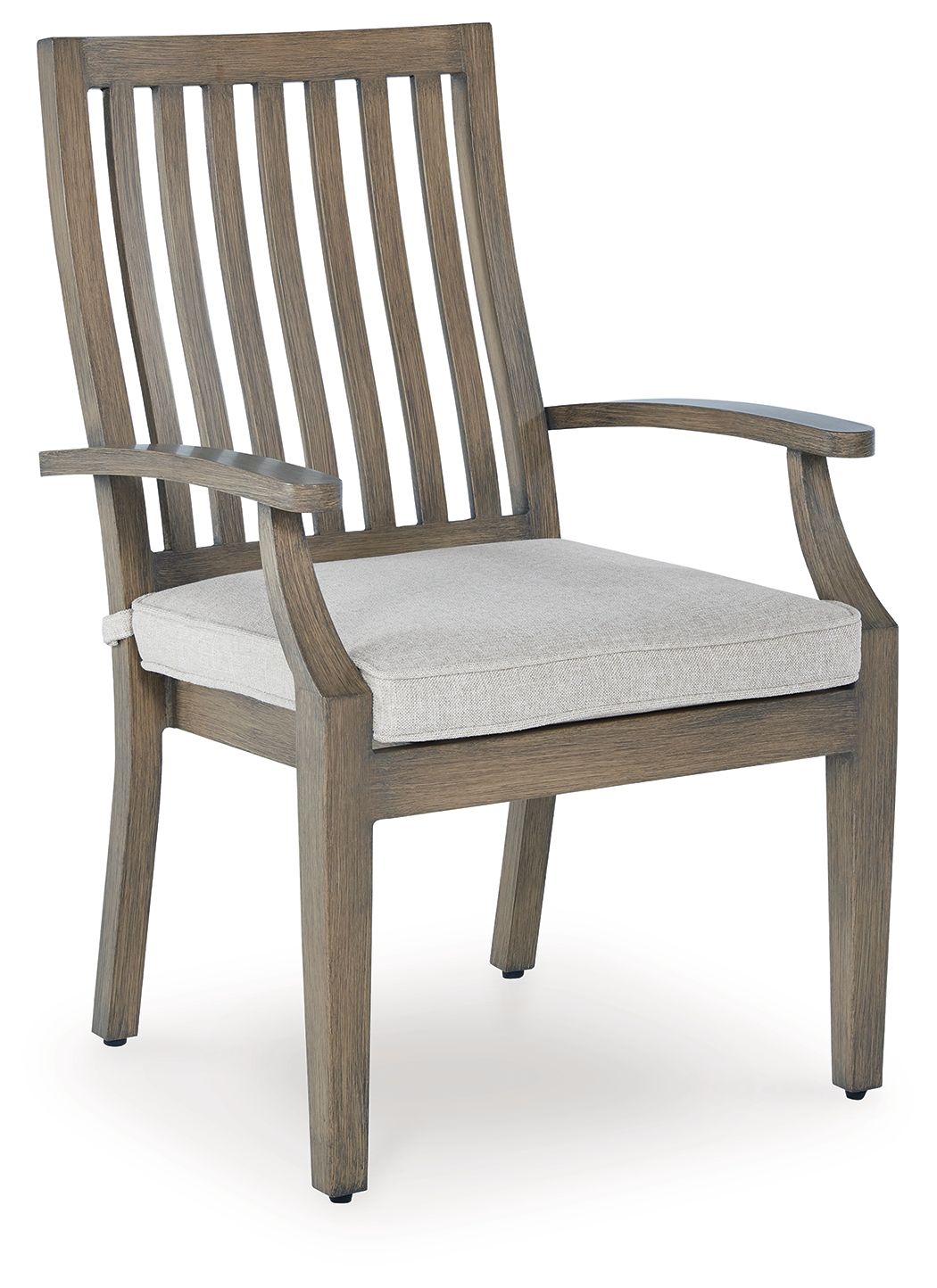 Wooden arm chair with slatted back, curved armrests, and light beige seat cushion.
