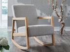 Gray fabric accent chair with light wood arms and curved rocker base