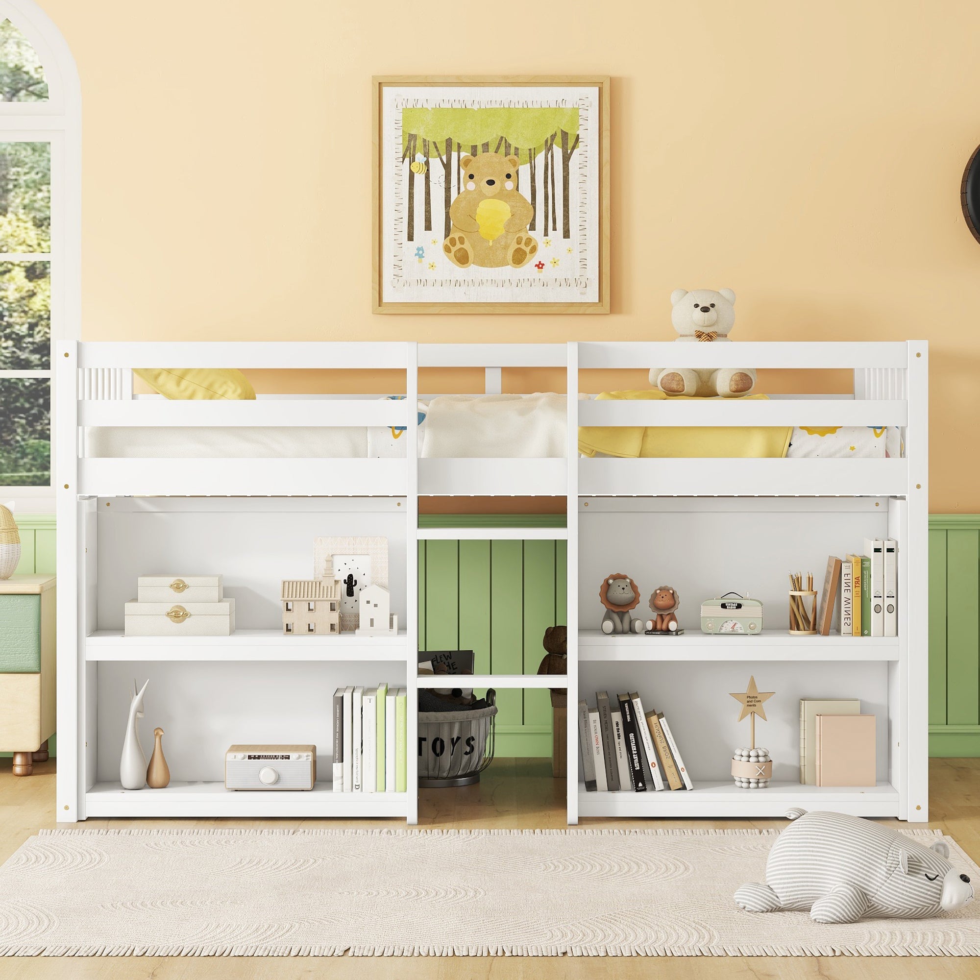 White Kids Twin Low Loft Bed with Shelves & LED Light