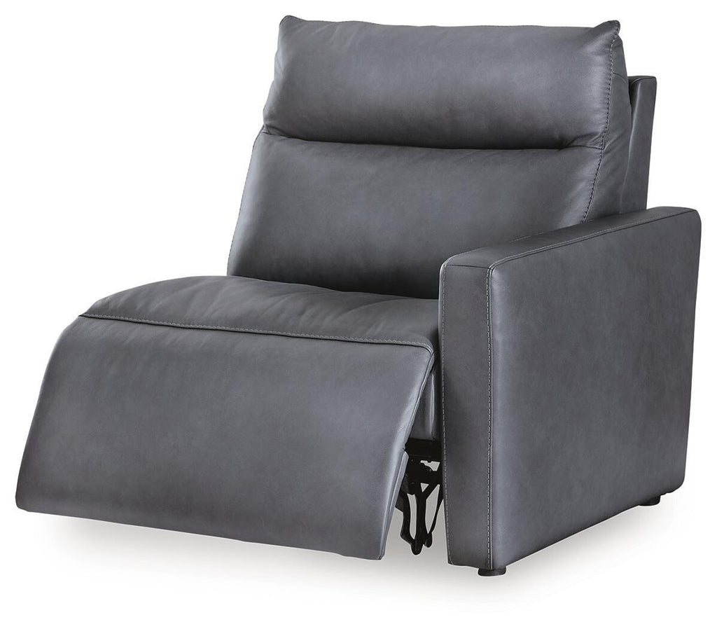 Dark blue power recliner with extendable footrest and supportive back cushion