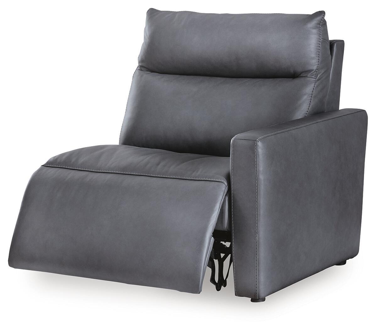 Dark blue power recliner with extendable footrest and supportive back cushion
