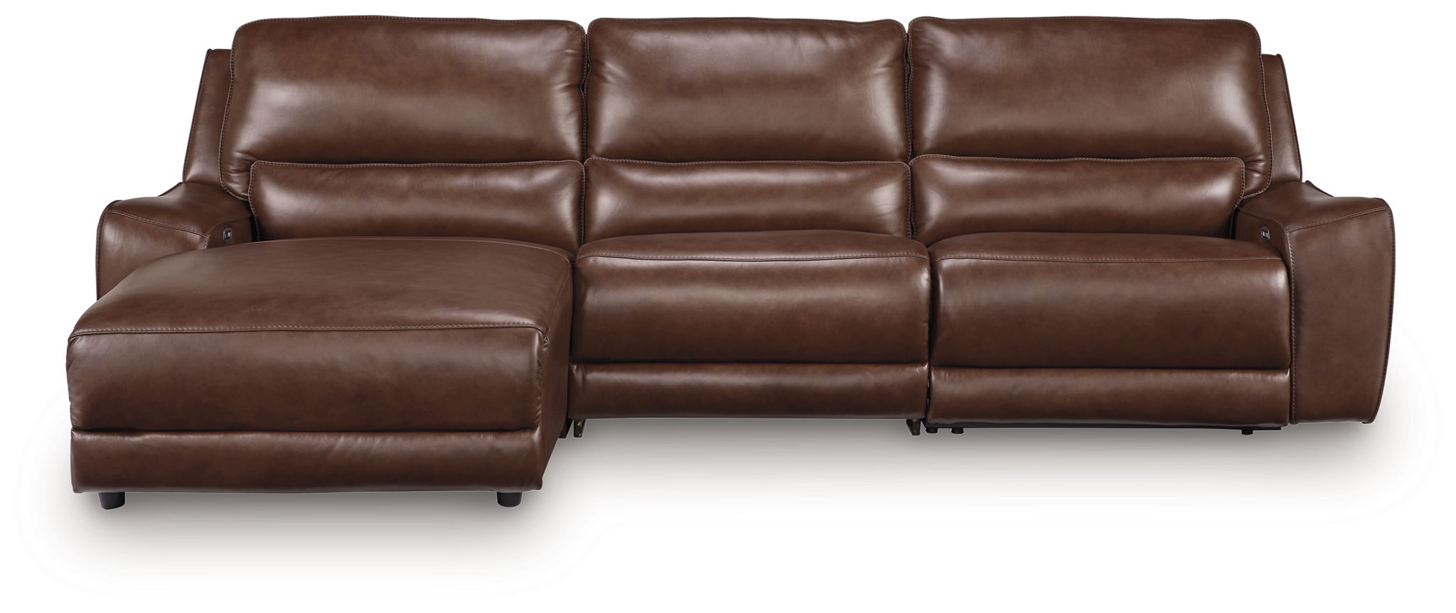 Power reclining sectional with three seats and ottoman footrests in dark brown leather