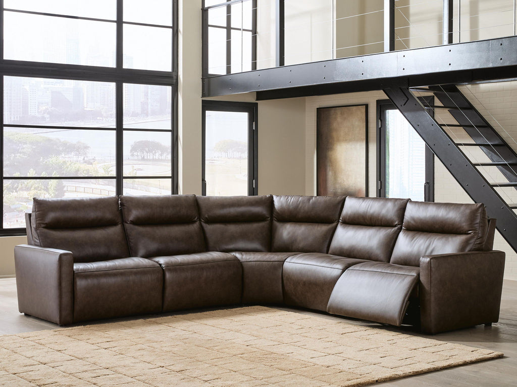 Dark brown power reclining sectional sofa with chaise and split back cushions
