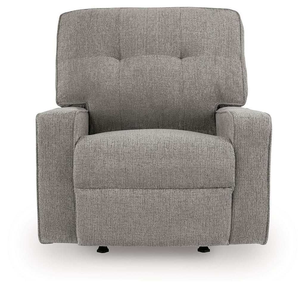 Iron fabric rocker recliner with tufted back, wide seat and arms, front view