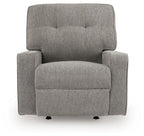 Iron fabric rocker recliner with tufted back, wide seat and arms, front view