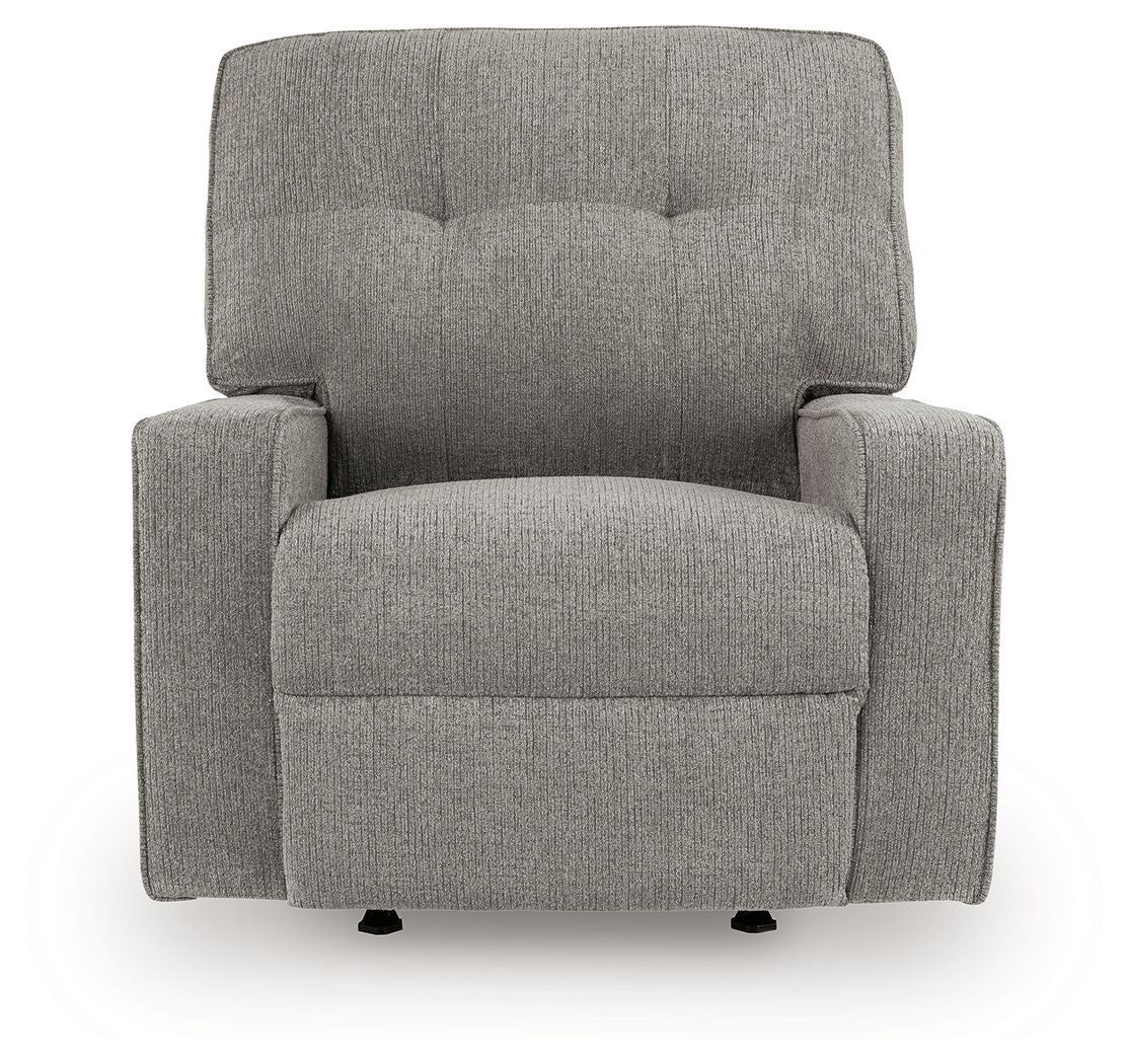 Iron fabric rocker recliner with tufted back, wide seat and arms, front view