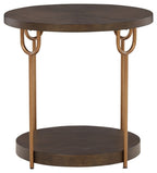 Dark brown round end table with lower circular shelf and gold-finish frame.