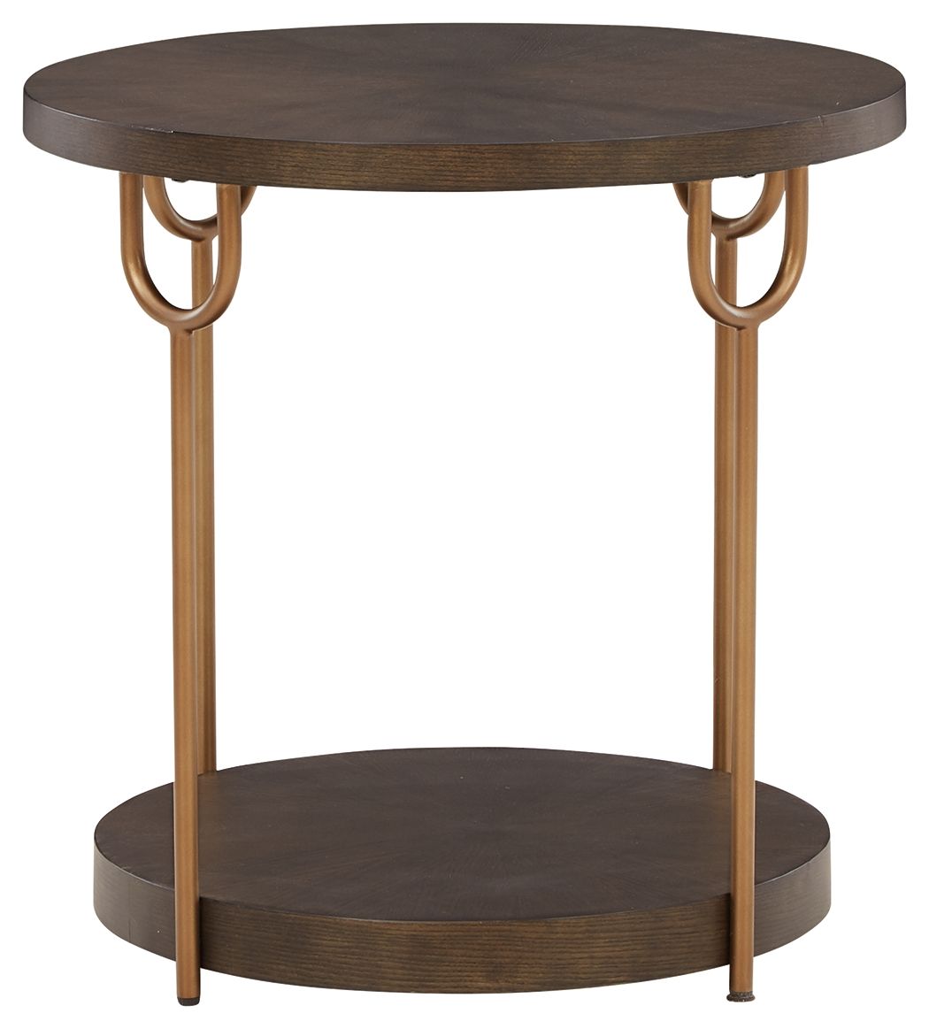 Dark brown round end table with lower circular shelf and gold-finish frame.