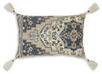 Patterned throw pillow, blue and cream geometric cover with white tassel corners