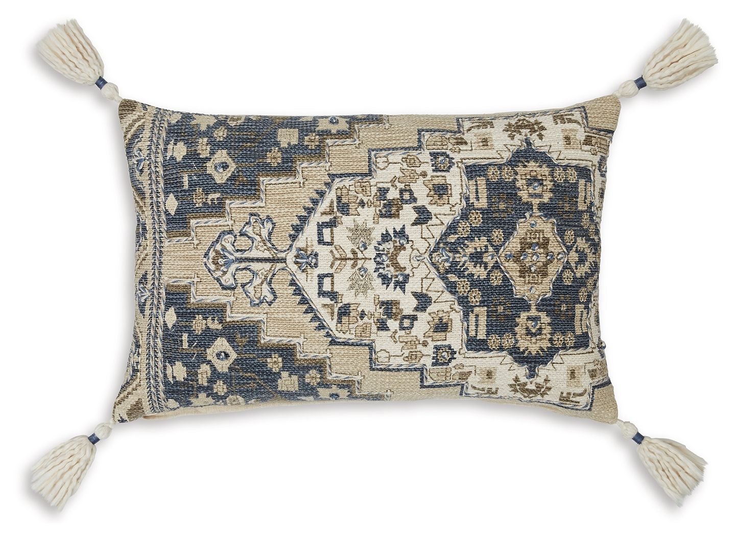 Patterned throw pillow, blue and cream geometric cover with white tassel corners