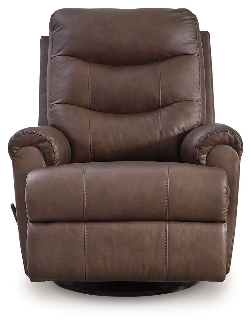 Espresso leather swivel glider recliner with wide arms, tufted back, and smooth recline seat