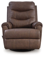 Espresso leather swivel glider recliner with wide arms, tufted back, and smooth recline seat