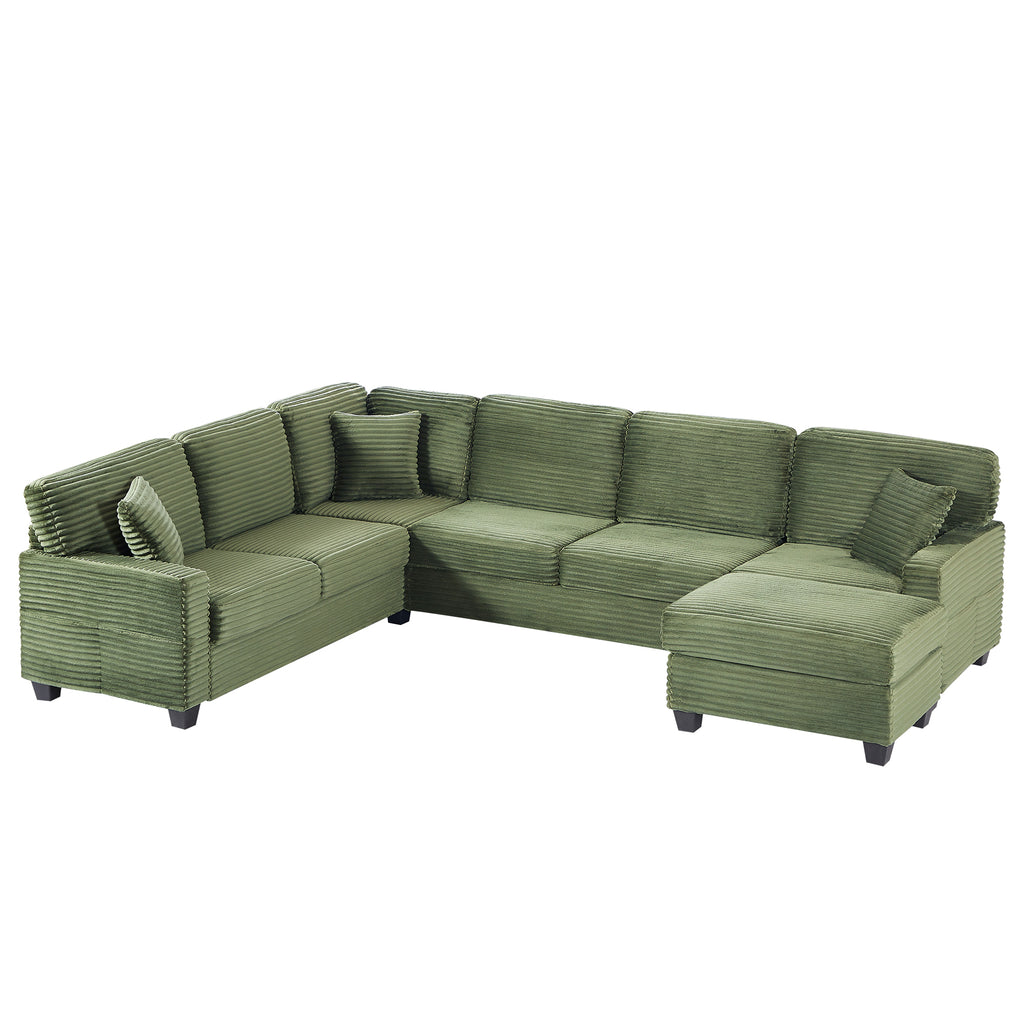 Green corduroy sectional sofa with chaise corner and throw pillows