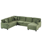 Green corduroy sectional sofa with chaise corner and throw pillows