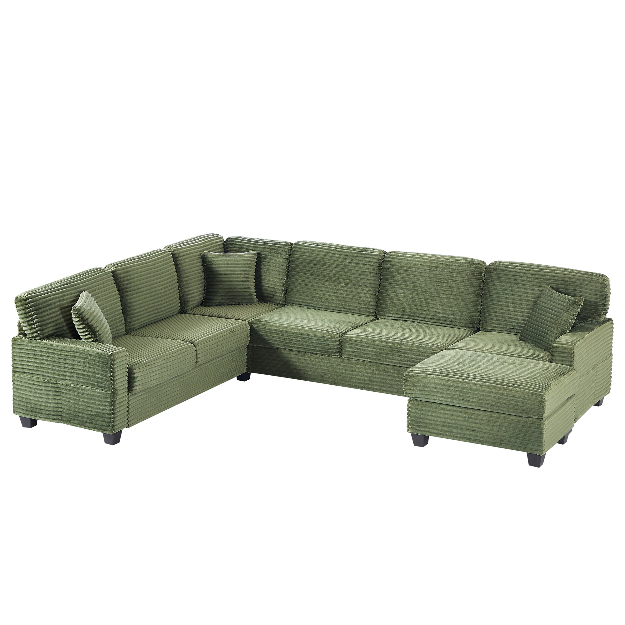 Green corduroy sectional sofa with chaise corner and throw pillows