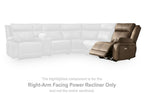 Biscotti brown right-arm power recliner with footrest shown on sectional layout