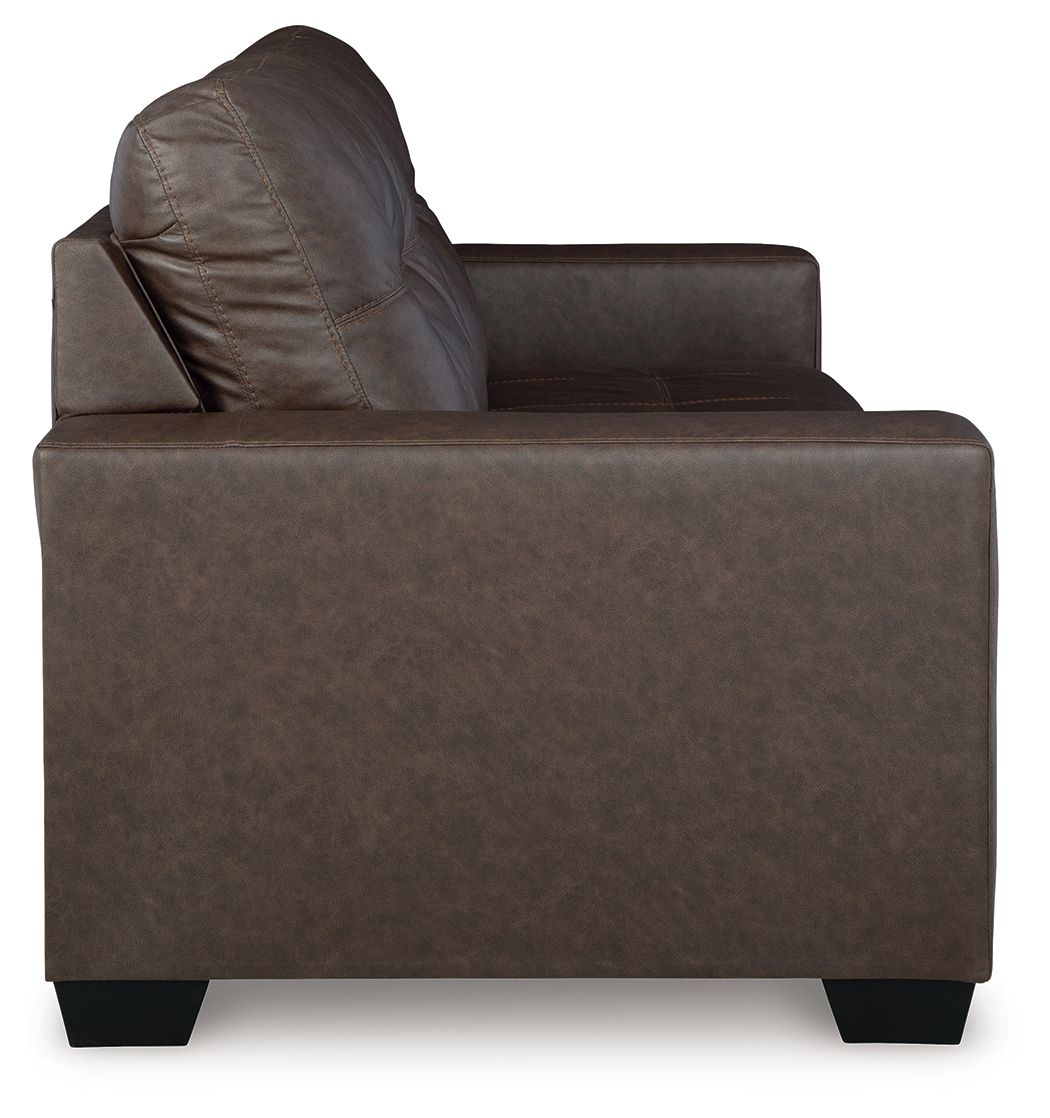 Brown sofa sleeper side view with tall back cushion, track arms, low square legs.