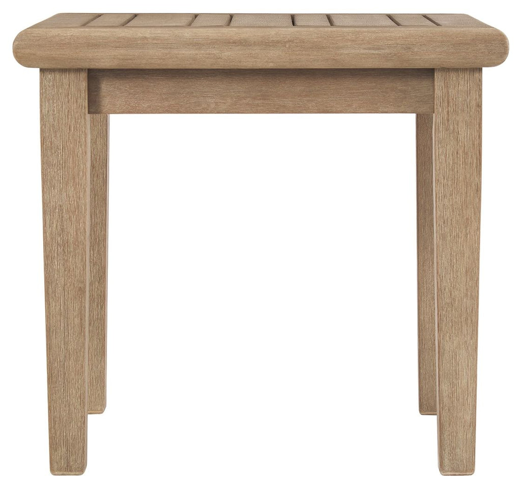 Square end table front view, light brown wood with straight legs and open underside