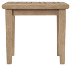 Square end table front view, light brown wood with straight legs and open underside