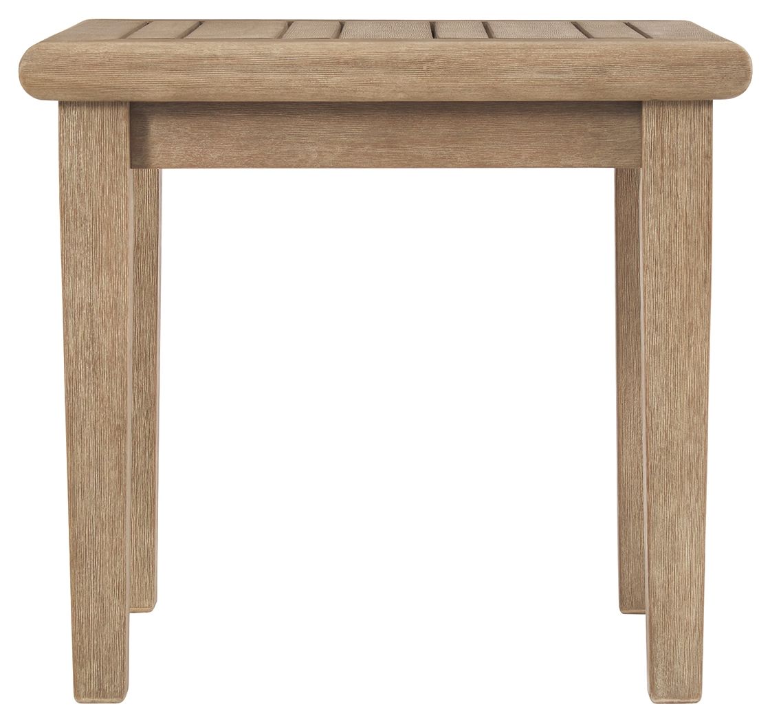Square end table front view, light brown wood with straight legs and open underside