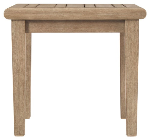 Square end table front view, light brown wood with straight legs and open underside