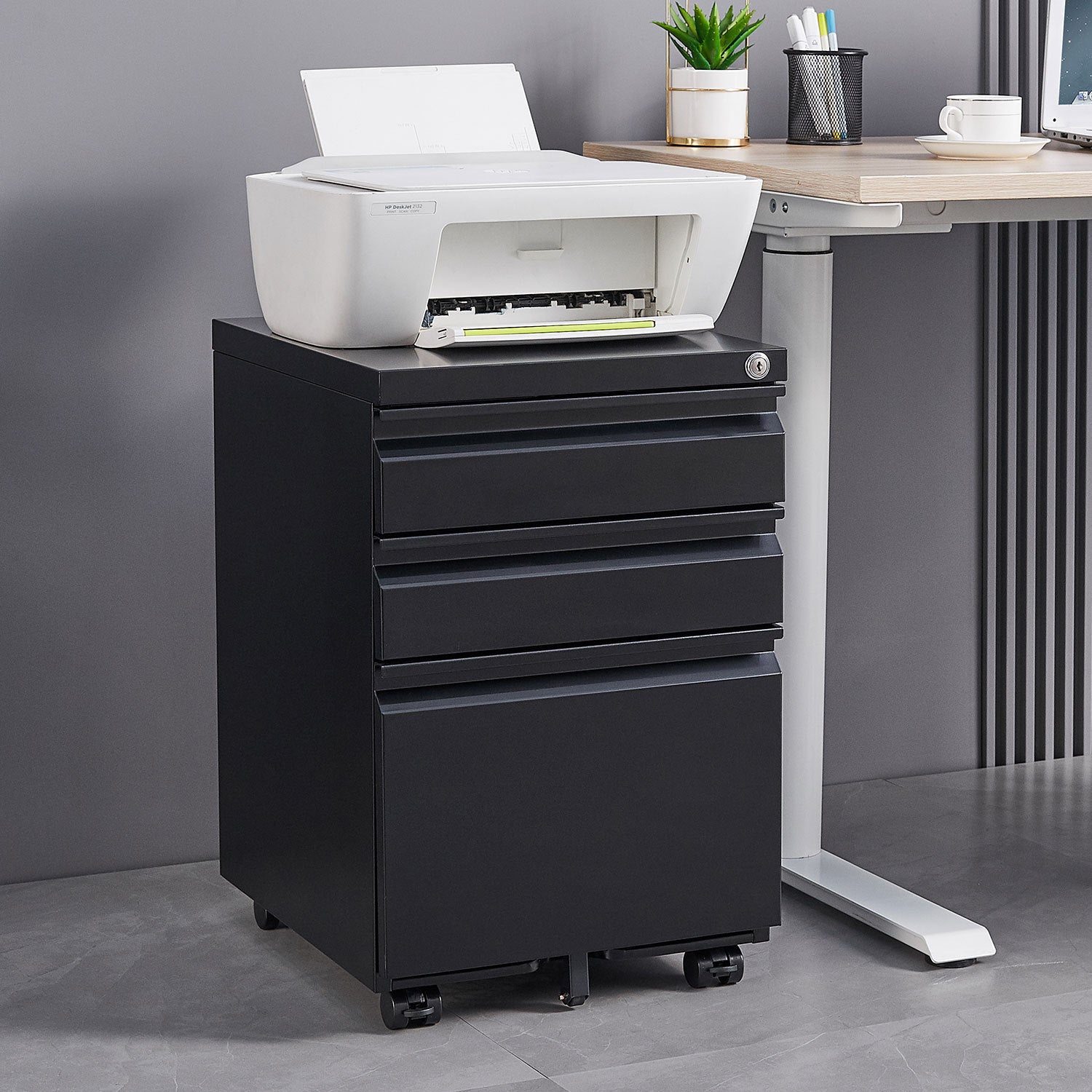 3-Drawer Mobile File Cabinet with Lock | Office Storage Filing Cabinet for Legal/Letter Size | Pre-Assembled Metal File Cabinet Except Wheels | Under Desk | Black