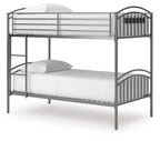 Gray metal twin-over-twin bunk bed with ladder, lower guardrails and rails