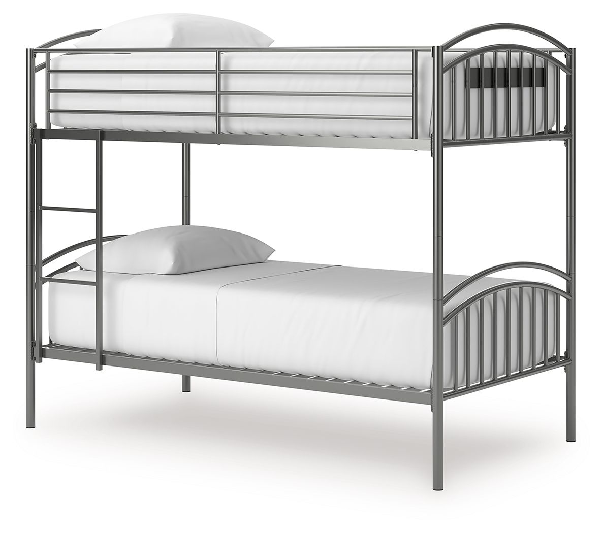 Gray metal twin-over-twin bunk bed with ladder, lower guardrails and rails