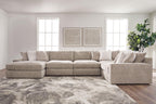 Tan burlap sectional sofa with double chaise layout and multiple back cushions