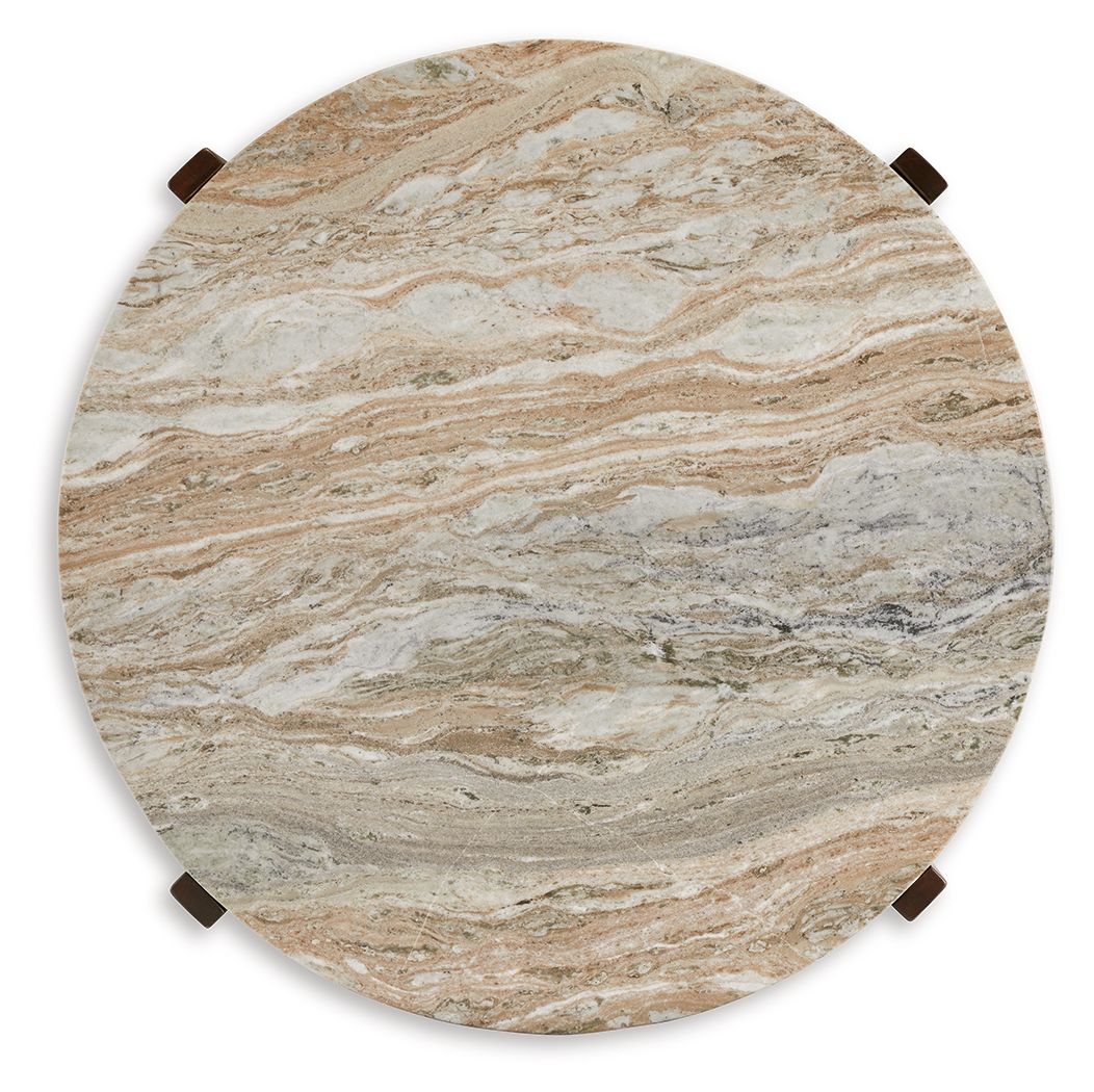 Round tabletop with light stone-look surface and dark corner accents