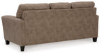 Fossil upholstered sofa with wide seat, tufted back, and thick block legs