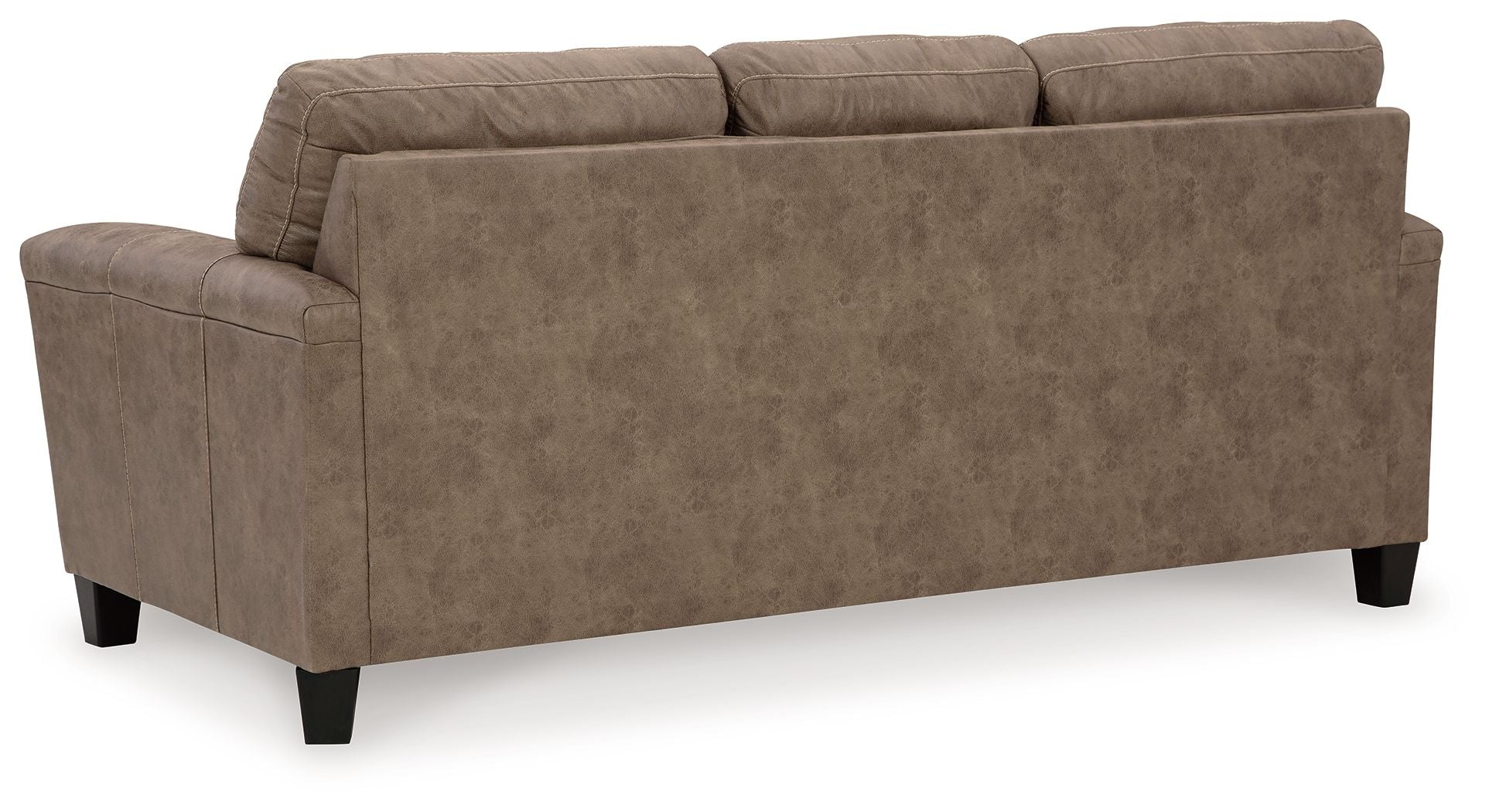 Fossil upholstered sofa with wide seat, tufted back, and thick block legs