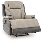 Sand lift recliner with padded headrest, armrests, and reclining base mechanism, angled