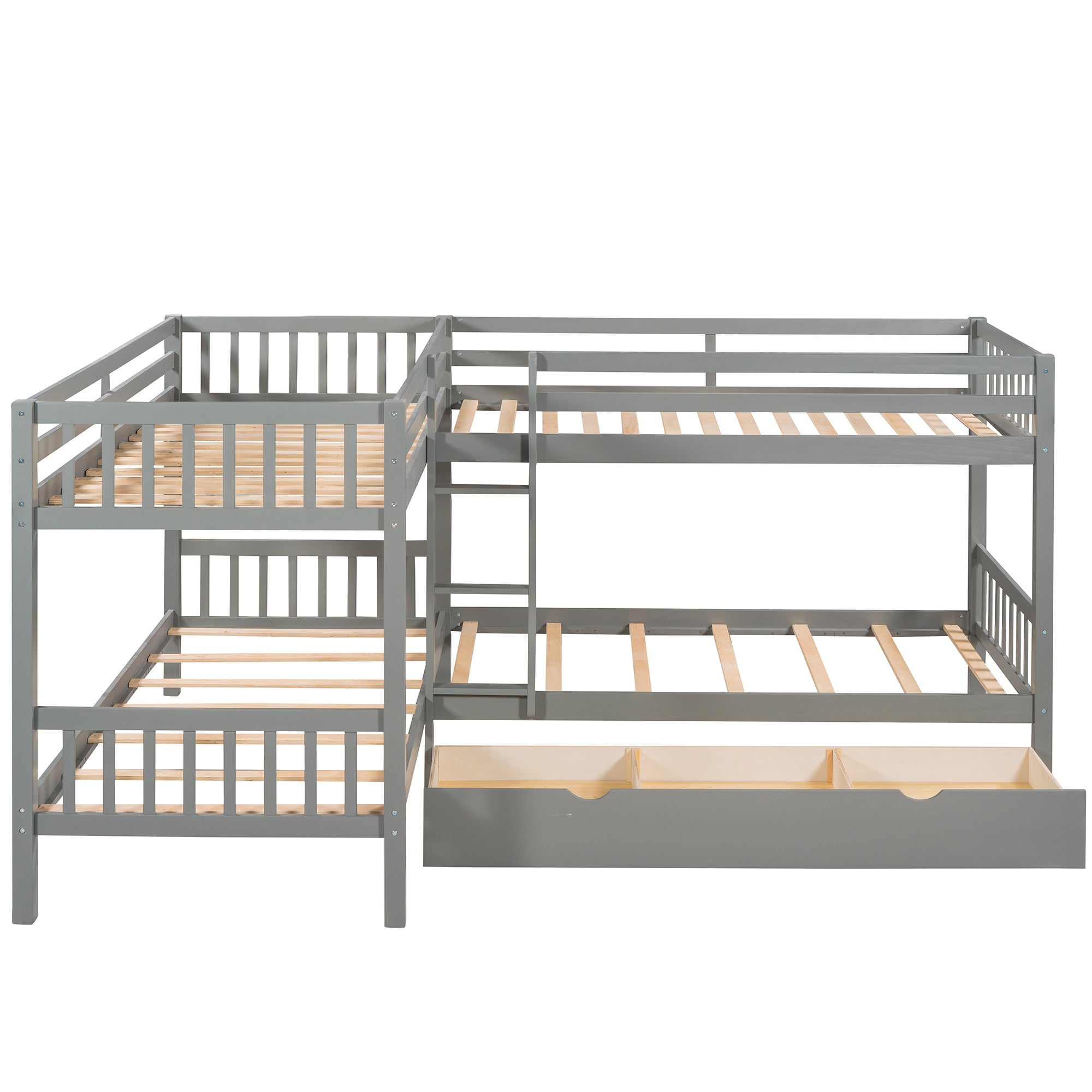 Twin L-Shaped Bunk Bed with Drawers - Grey Space-Saving Design