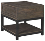 Gray-brown wood-look end table with front drawer and open lower shelf.