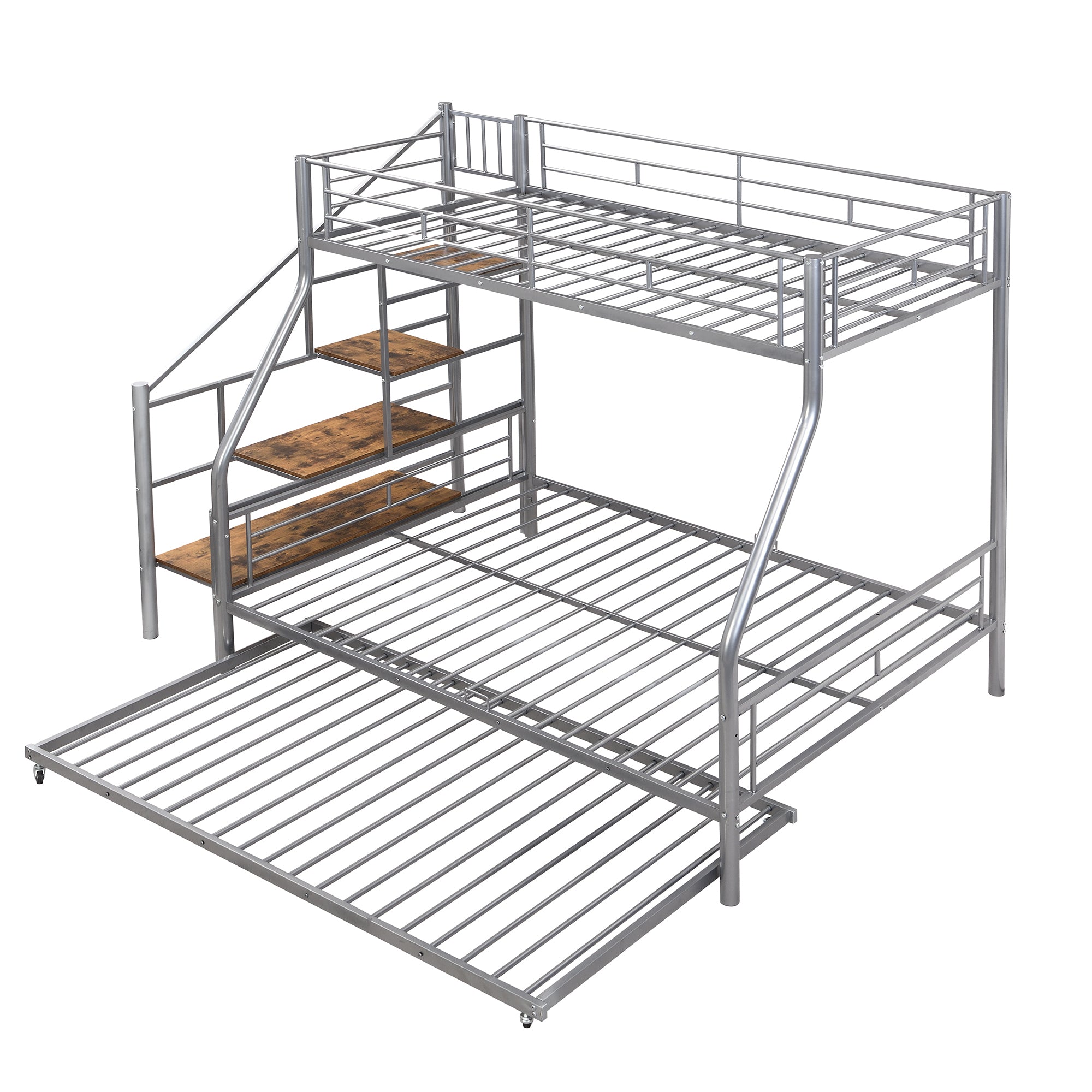 Modern Twin Over Full Metal Bunk Bed w/ Trundle & Storage Staircase