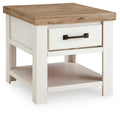 White end table with wood top, one drawer, open shelf, dark bronze bar handle.