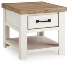 White end table with wood top, one drawer, open shelf, dark bronze bar handle.