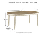 Oval dining extension table with dimension diagram