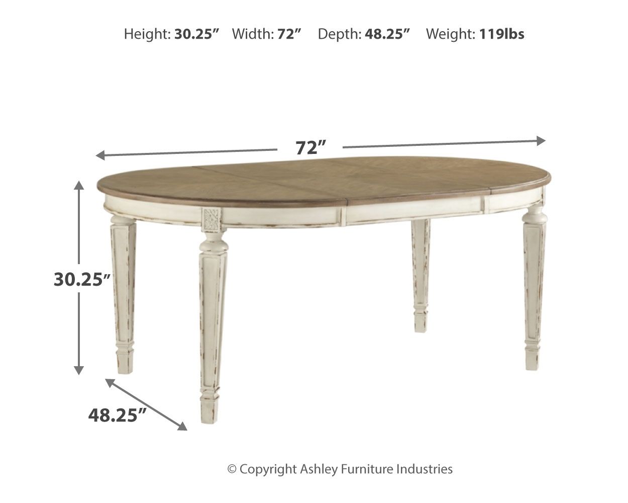 Oval dining extension table with dimension diagram