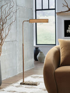 Bronze metal floor lamp with rectangular shade and curved support on stone base
