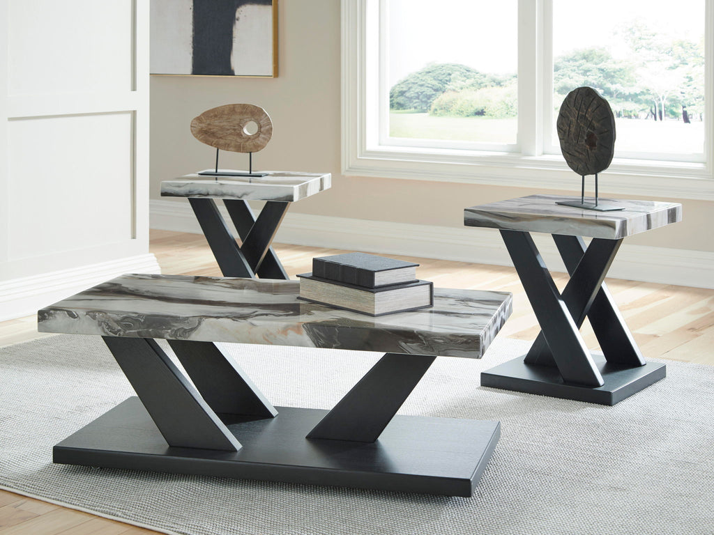 Three-piece occasional table set with marble-look tops and black X-frame bases